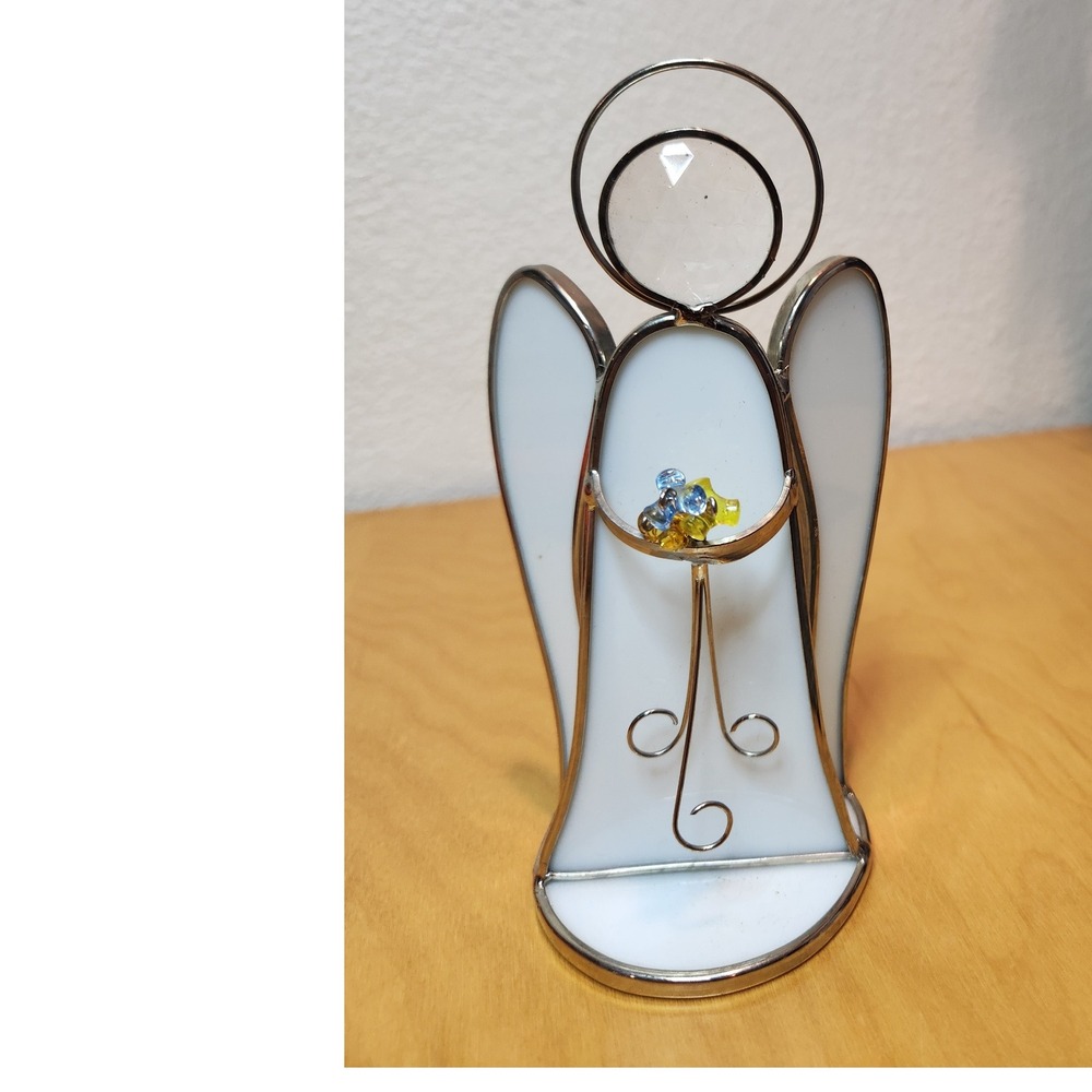 Stained Glass Angel Figurine with Crystal Head & Bead Flowers White‎ Decor